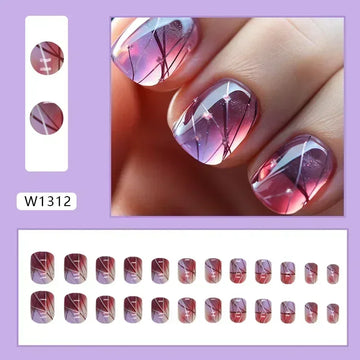 24Pc Gradient Blue White Fake Nails Short Square Head Line Ballet False Nails French Press on Nails Full Cover Acrylic Nail Tips